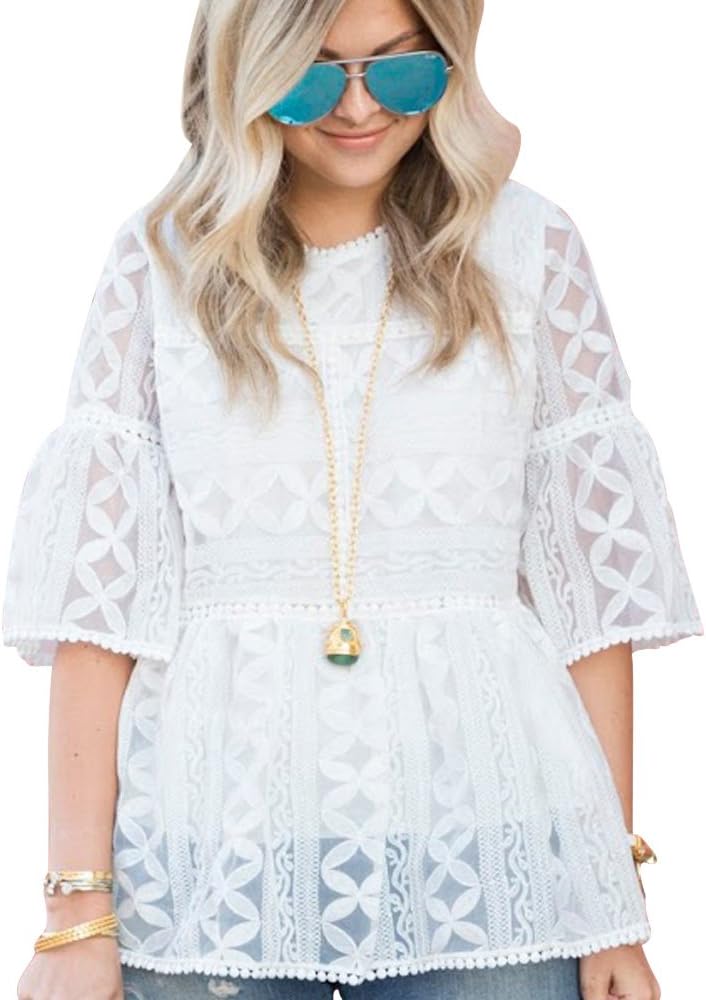 Chicwish Women's White Lace Organza Dolly Shirt Blouse Top with Bell Sleeves
