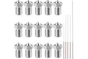 AFUNTA 15 PCS M6 3D Printer Stainless Steel Nozzles Print Heads Extruder Compatible 1.75mm E-3D Makerbot & ANET A8 & Creality CR-10, 5 Sizes (0.2/0.4/0.6/0.8/1.0mm) + 5 Sizes Cleaning Needles
