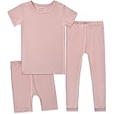 Aablexema Kids Pajamas Set Rayon, 3Pcs Unisex Toddler Short Shirt and Pants Set Snug Fit Sleepwear Pjs 1-6 Years