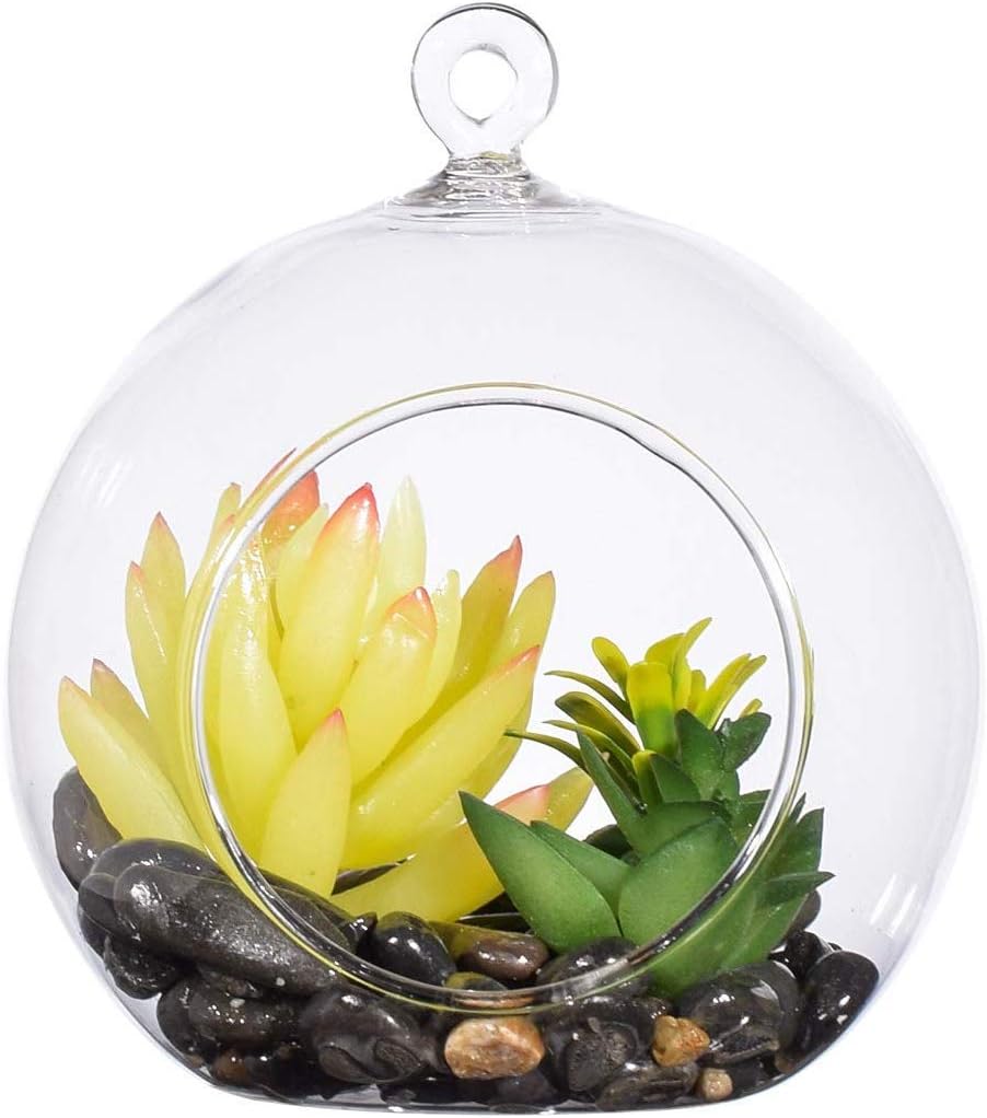 Ecosides Haning Glass Terrarium with Artificial Succulent, Faux Plant Potted Set Gift, Hanging Artificial Succulent Plants Kit Gift for Home Decor