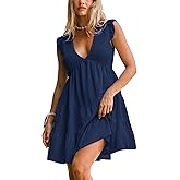 CUPSHE Women's Smocked Mini Dress Plunging V Neck Ruffled Summer Beach Cover Up Dress