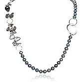 Handmade black agate and classic white freshwater pearl necklace. Textured silver loops and beads. 30" strand. Mothers Day - Gift for Mother, Wife, Anniversary Luxury Jewelry Gift