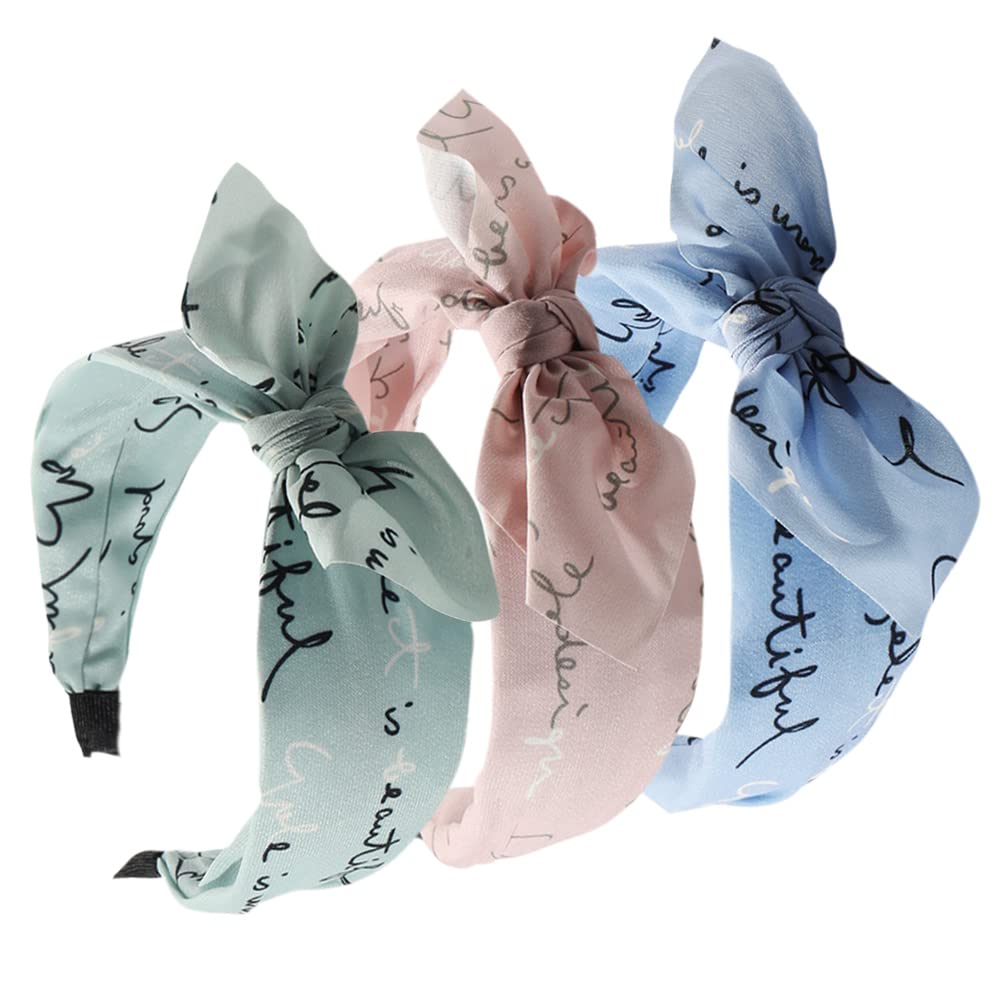 Wide Bow Headband for Women Fabric Hair Band Elastic Head Wrap Cute Knot Hair Accessories for Women and Girls (3WBLetterBlue)
