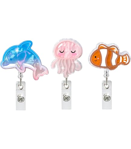 Ouligay Cute Nurse Badge Reels (2 Pack) - Jellyfish & Clownfish Retractable ID Holders For Work