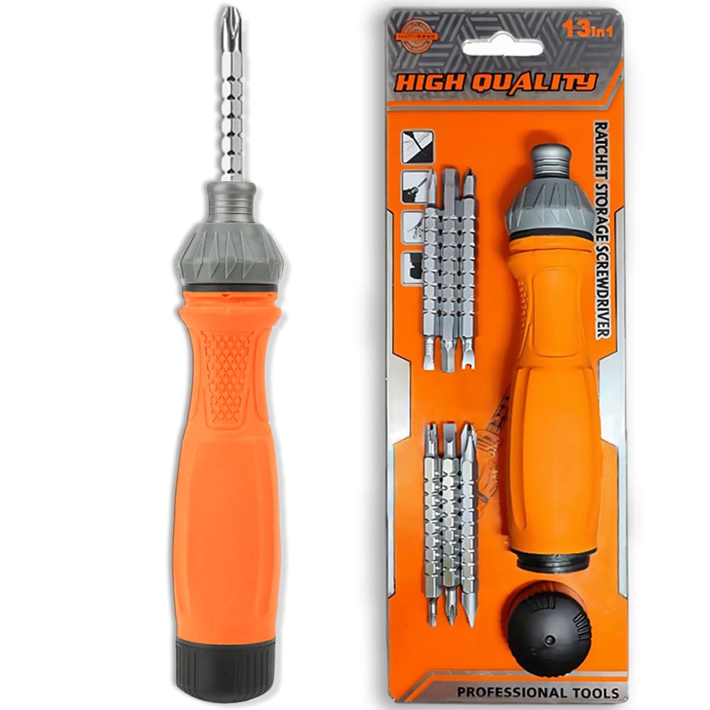 Photo 1 of 13-in-1 Ratcheting Screwdriver, 6 Double-Ended - Phillips, Slotted, U-Type/Triangle Bits, Hex Key & 1/4-Inch Nut Driver (Yellow)