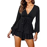 Relipop Womens Floral Print Romper V Neck Long Sleeve Double Layer Ruffle Hem Shorts Jumpsuit 2026 Beach Vacation Outfits