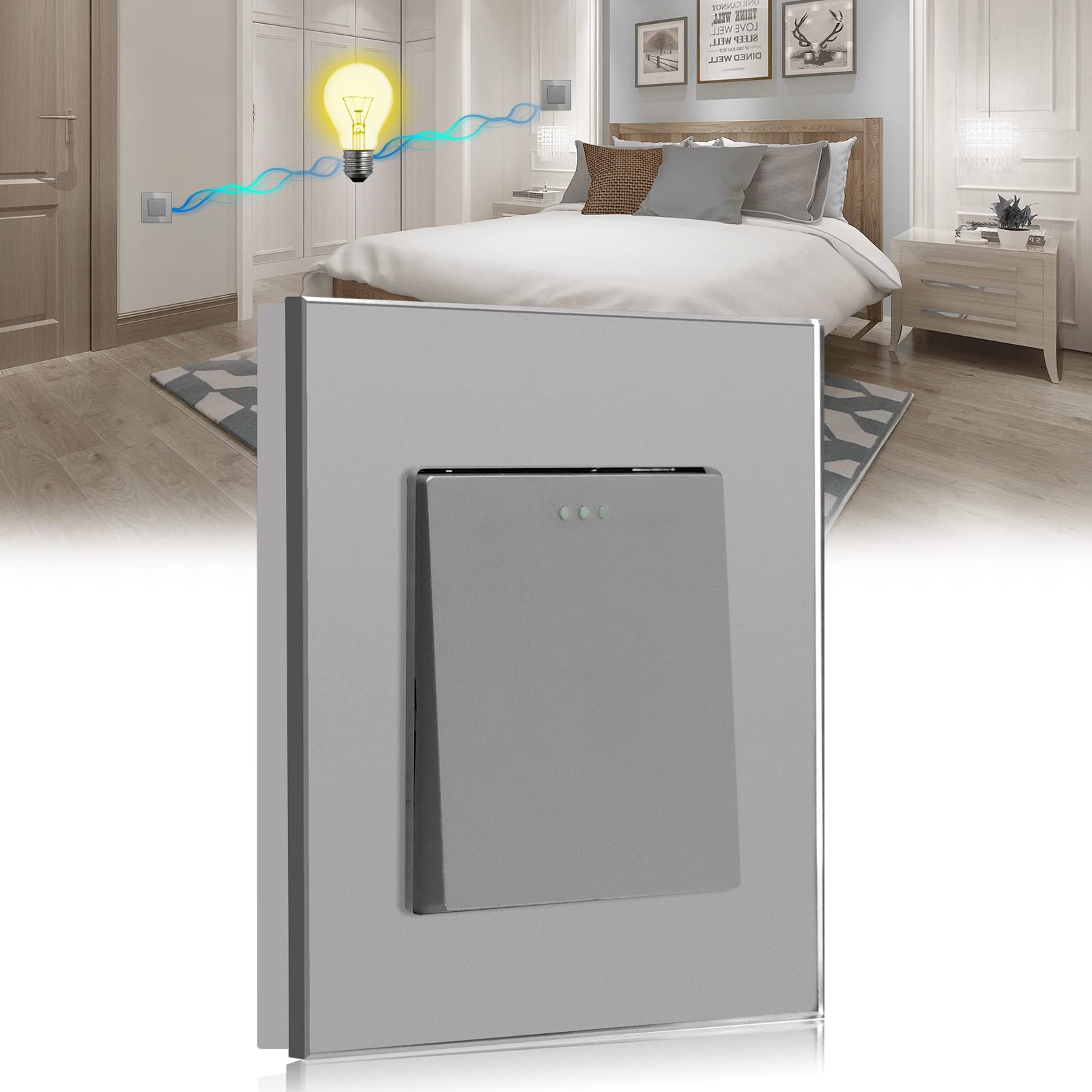 BSEED Light Switch 1 Gang 2 Way Glass Light Switches Screwless 10A Rocker Tactile Wall Switch Grey Crystal Toggle Switch