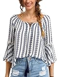 Floerns Women's Boho Print Bell Sleeve Tie Neck Loose Casual Blouse Tops