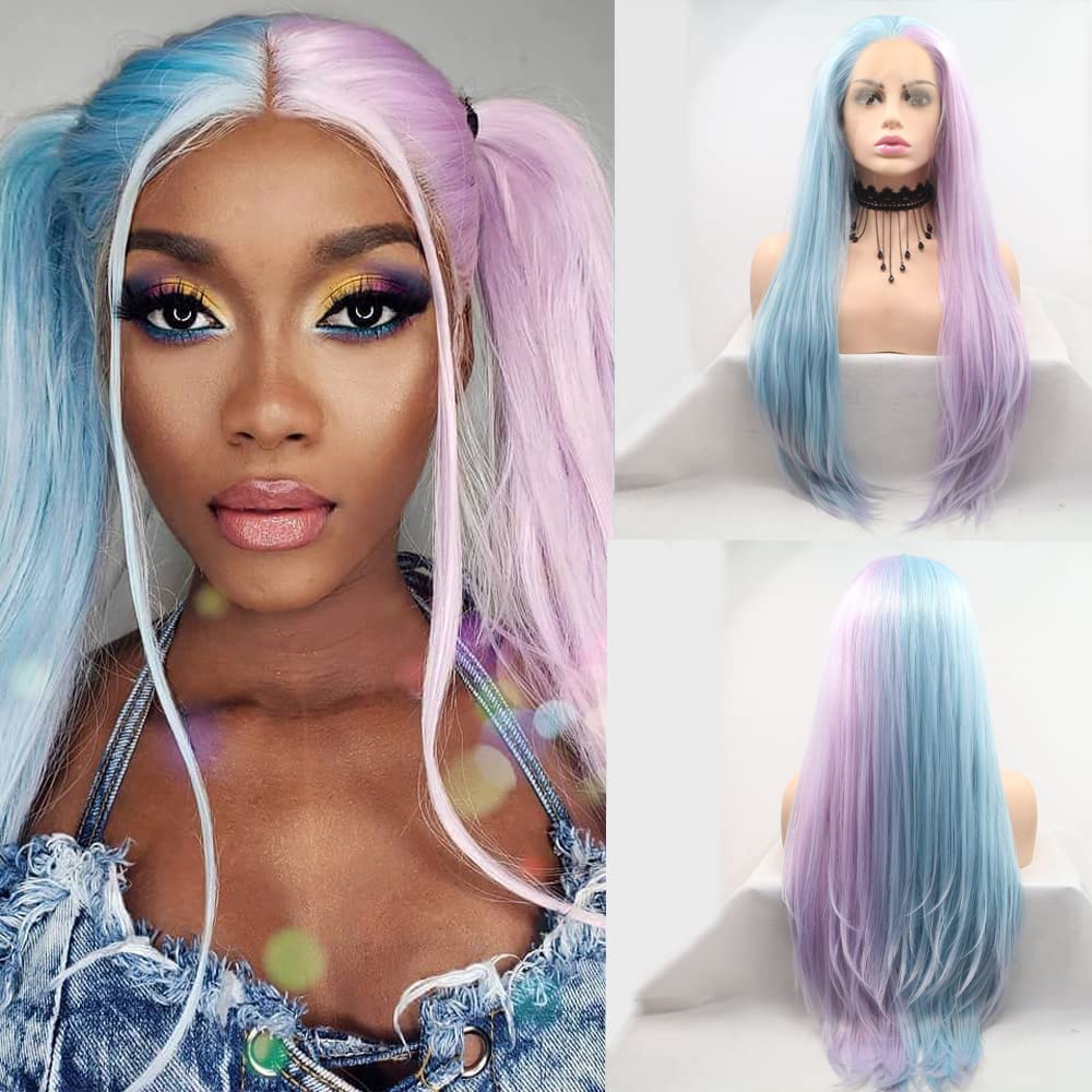 Xiweiya Straight Mermaid Piano Color Purple Pink To Blue 2 Tone Synthetic Lace Frontal Wig Half Blue Half Pink Purple Add Hand Crochet Lace Wig for Women Drag Queen Halloween Cosplay