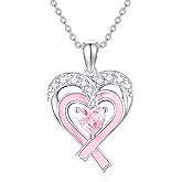 AXOMY Breast Cancer Awareness Necklace 925 Sterling Silver Heart Pink Ribbon Pendant Breast Cancer Survivor Jewelry Gifts for Women
