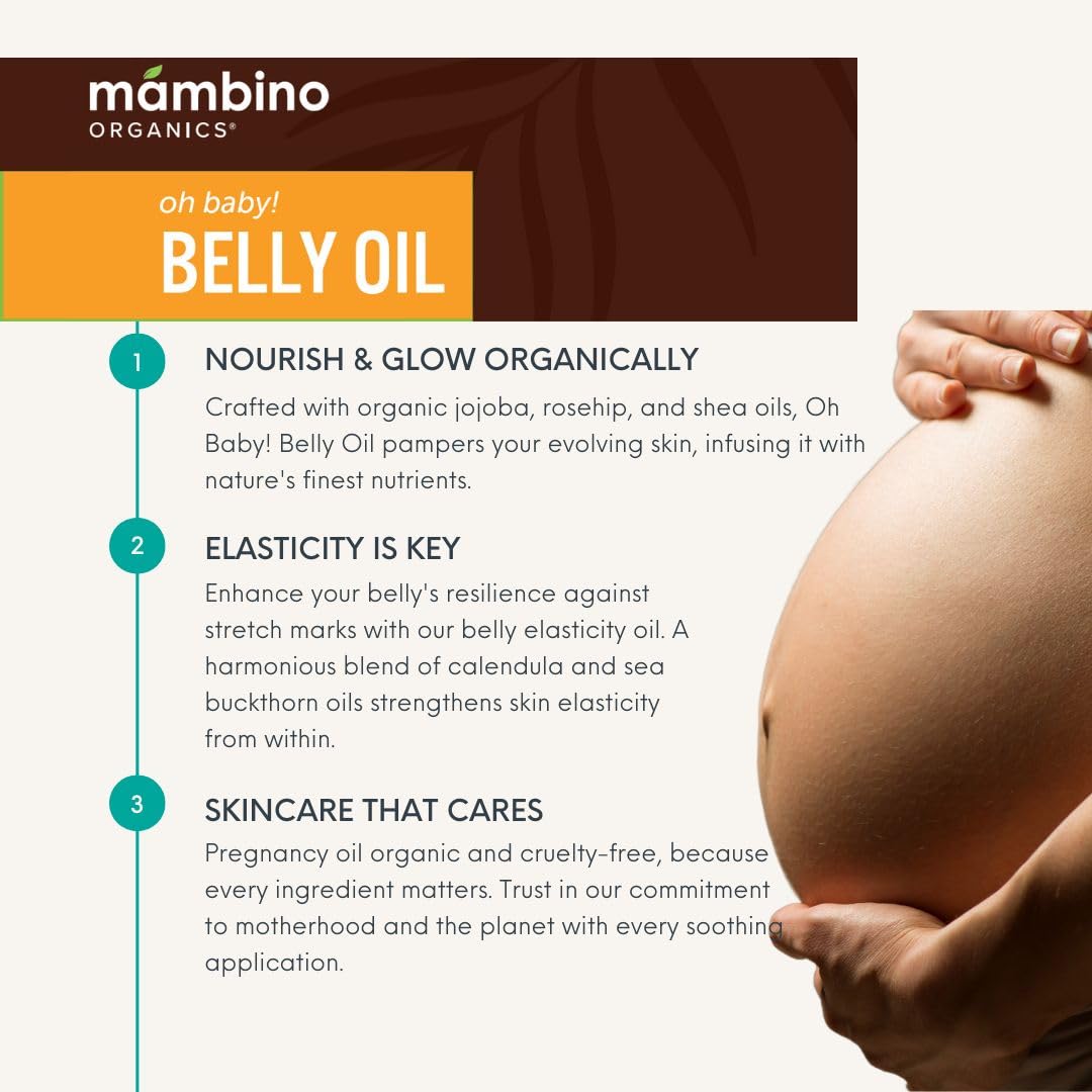 Mambino Organics Oh Baby! Belly Oil – Organic Elasticity Oil with Egyptian Calendula, Vietnamese Tamanu & Dutch Shea – Pregnancy Oil for Stretch Marks – Cruelty-Free Maternity Care, 2-Pack 2 fl oz