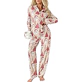 Ecosunny Christmas Santa Pajama Set Women's Long Sleeve Sleepwear Soft Loungewear Two Piece Button Down Pjs Lounge Set