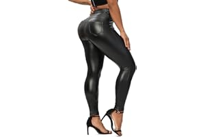 SEASUM Faux Leather Leggings for Women Stretchy High Waisted Butt Lifting Black Pleather Pants Outfit Sexy PU Leggings Tights