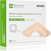 NeuHeils Silicone Super Absorbent Wound Dressing 5''x5'' 10 Packs, Self-Adhesive Waterproof Bandage with Ultrasorb Polymer Pad for Heavy Exudates Wound