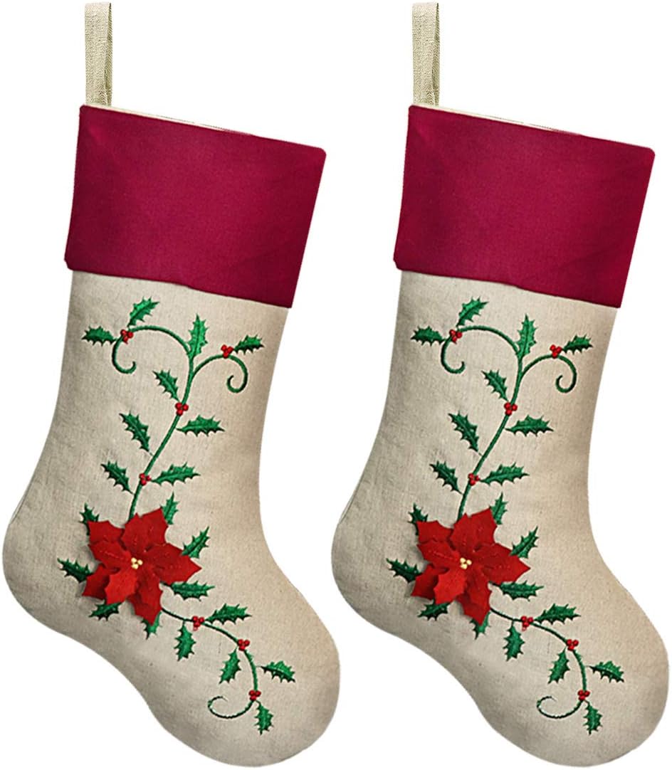Ivenf 18" Large Christmas Stockings Personalized, 3D Flowers Pattern, Cotton Burlap with Embroidery Holly Leaves, for Family Holiday Decorations, Red and Green(2 Pack)
