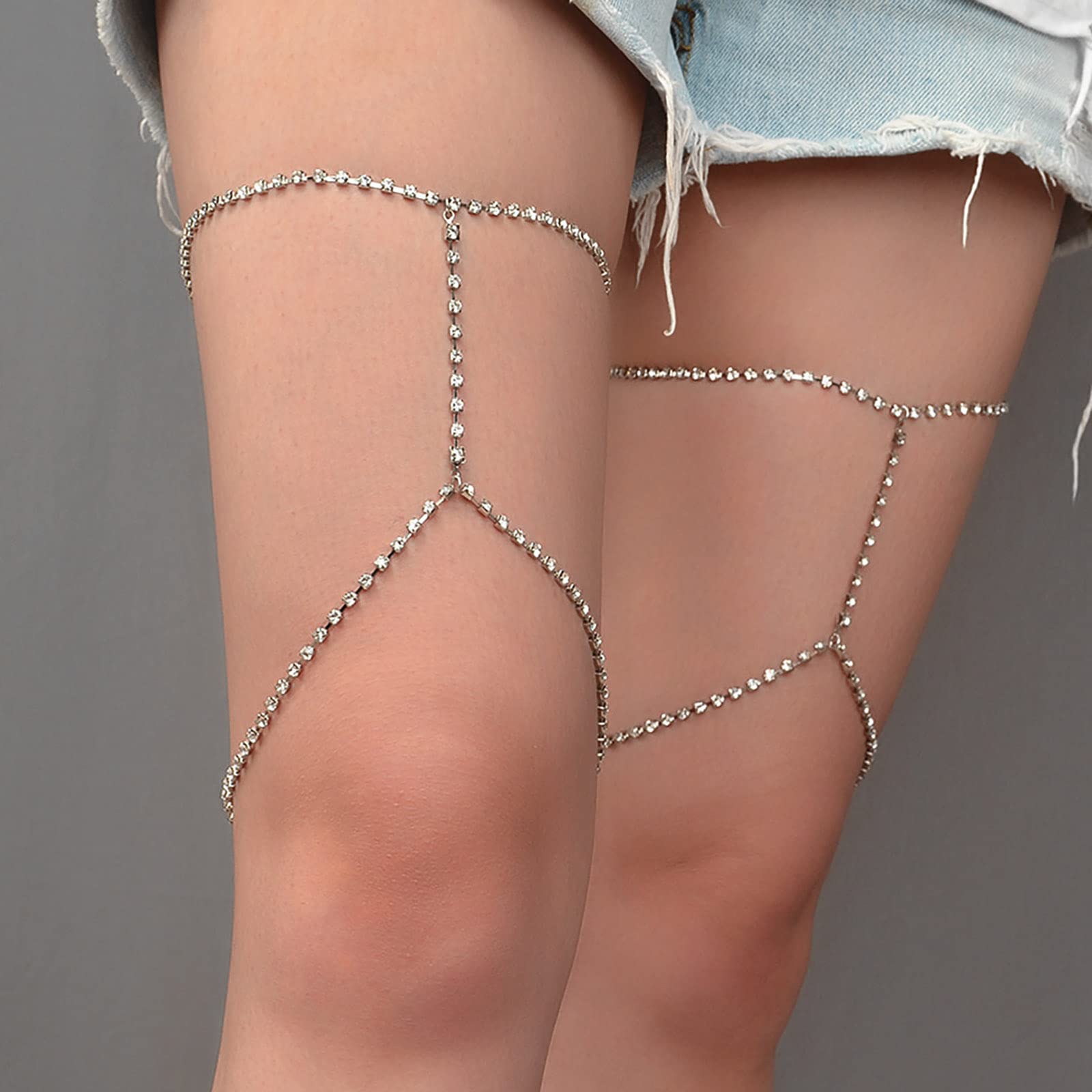 TseenYi Boho Crystal Leg Chains Rhinestone Layered Thigh Chains Summer Beach Fashion Jewellery for Women and Girls（Silver 1 Pcs)