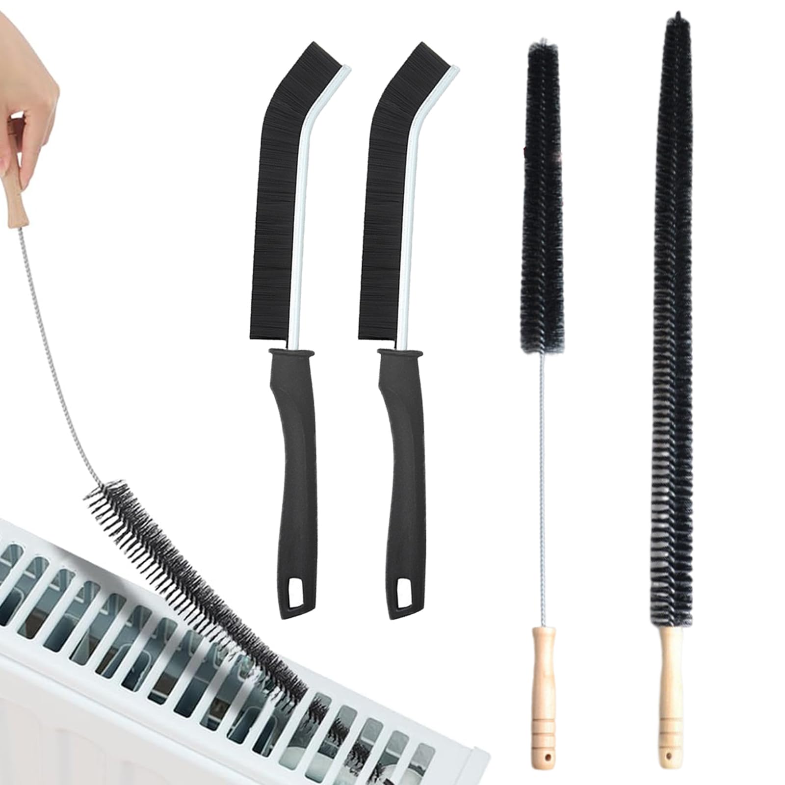 4-Piece Set Radiator Cleaner Brush, 75CM Long Radiator Brush with Wooden Handle,Radiator Brushes for Cleaning with Suspension Holes, Flexible, Efficient and Easy Cleaning of Home and Office