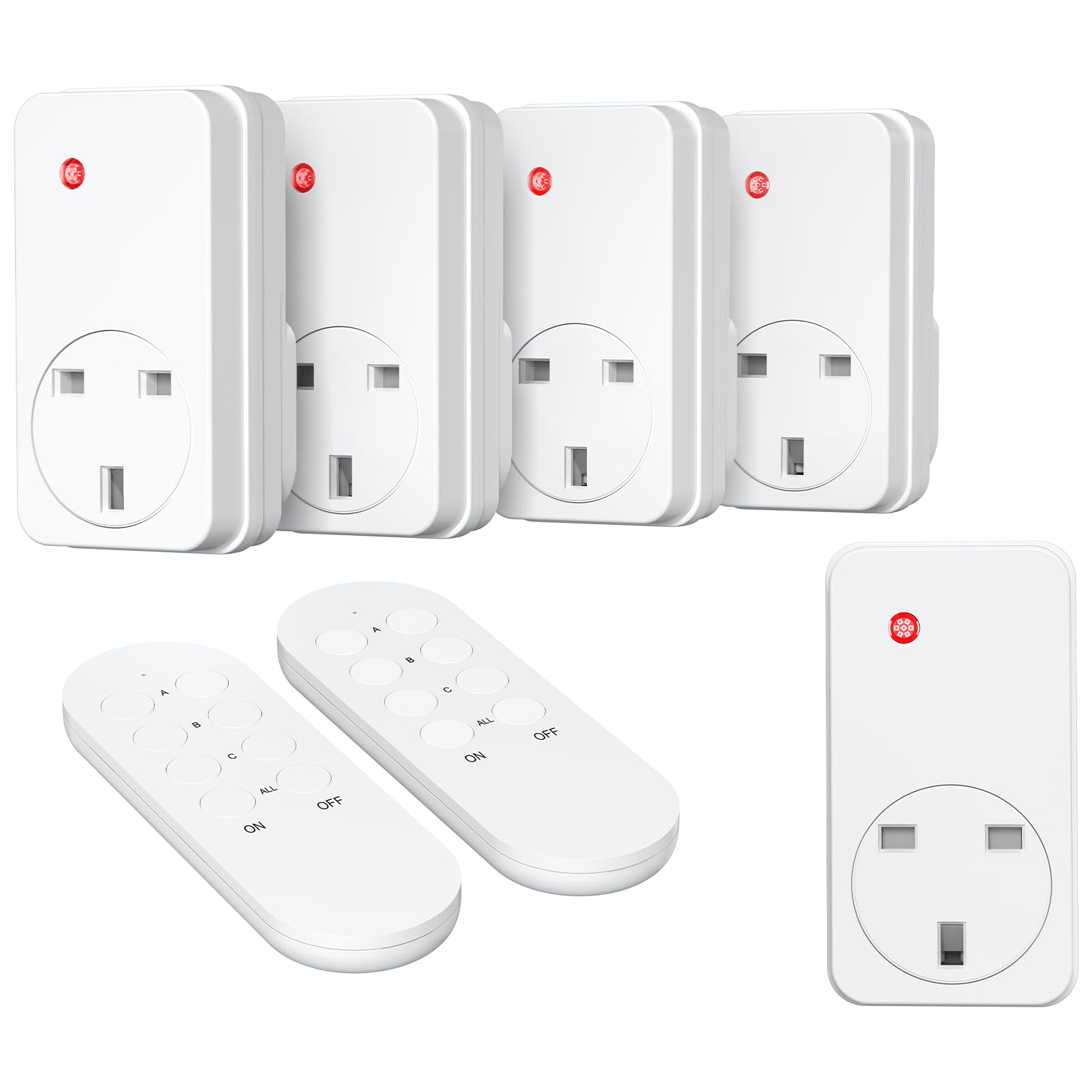 SURNICE Wireless Remote Control Plug Socket, 13A/3000W Home Programmable Electrical Outlet Switch Plug for Lights, Household Appliances, 40m/130ft Long Range, 5 Pack Sockets and 2 Remote