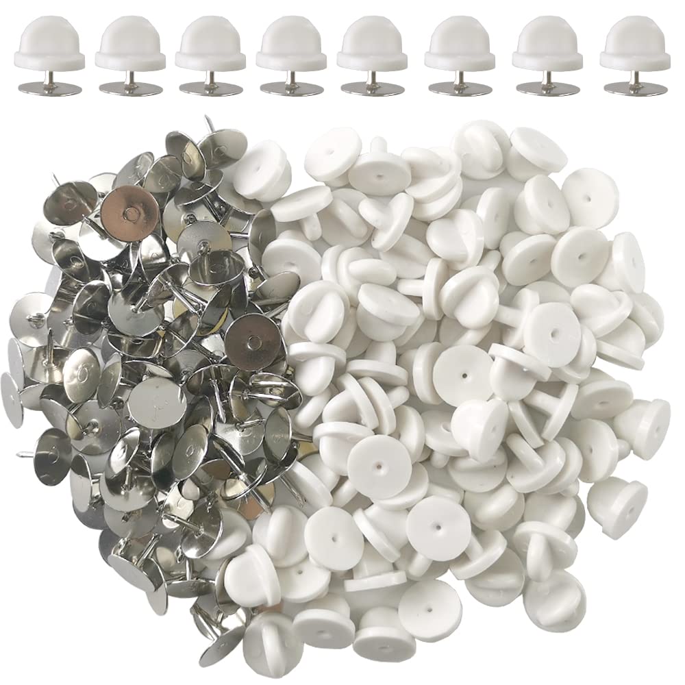 Ruidee 200 Pieces/100 Set Rubber Pin Backs with Tie Tacks Blank Pins, PVC Rubber Pin Back for Uniform Badges Backing Holder Clasp Lapel Pin (White)