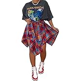 RAMOUG Summer Knot Skirts for Women Plaid Asymmetrical Hem High Waist Y2K Mini Short Skirt