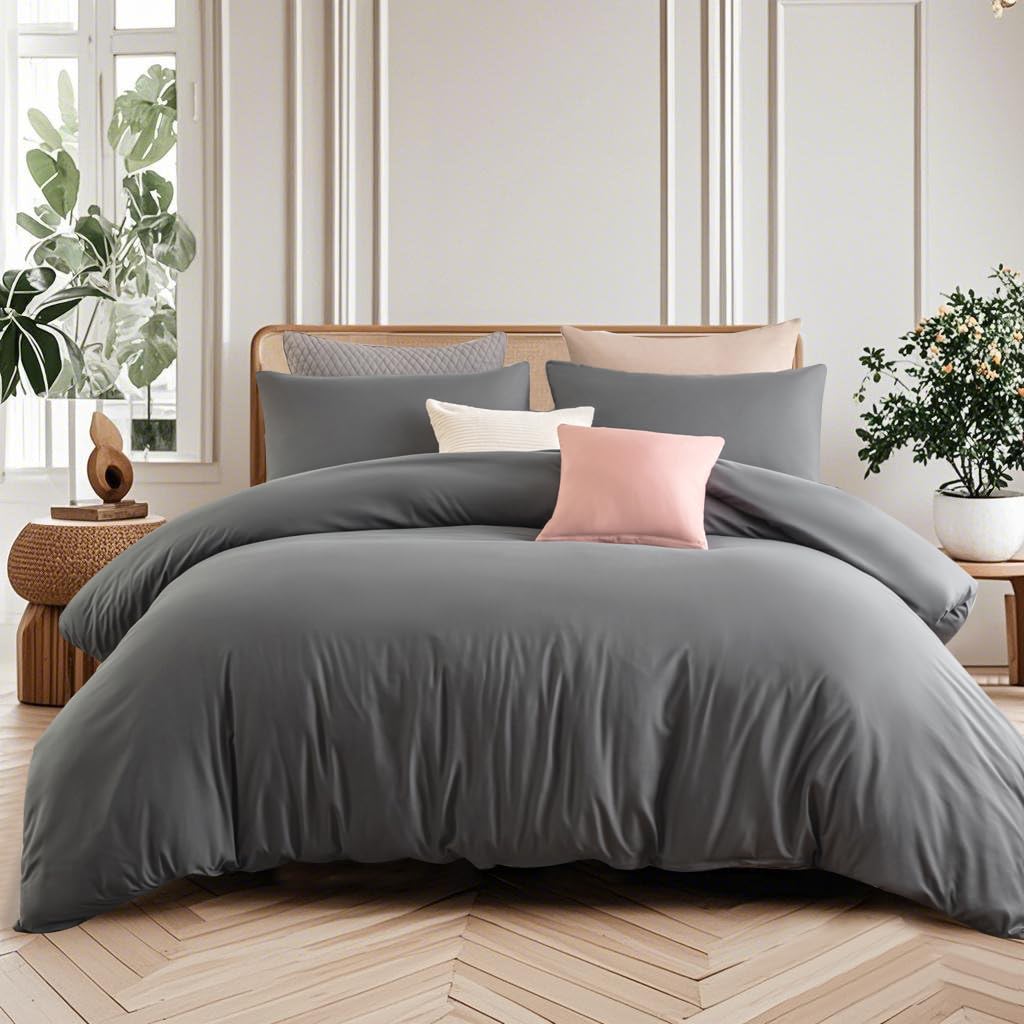 Soifox Super King Duvet Cover Set - Microfiber Plain Dark Grey Bedding Bed Set with Pillow Cases, Soft Zipper Closured Quilt Cover Superking Size Bed, Charcoal Grey