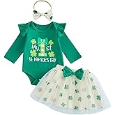 Eurvoku My First St Patricks Day Baby Girl Outfit Newborn Letter Print Long Sleeve Romper Clover Tutu Skirt Headband 3Pcs Set