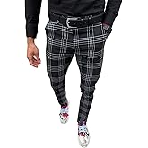 Men's Fashion Stretch Dress Pants Slim Fit Plaid Pants Business Suit Pants Casual Golf Pants