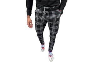 PERCLE Men's Fashion Stretch Dress Pants Slim Fit Plaid Pants Business Suit Pants Casual Golf Pants
