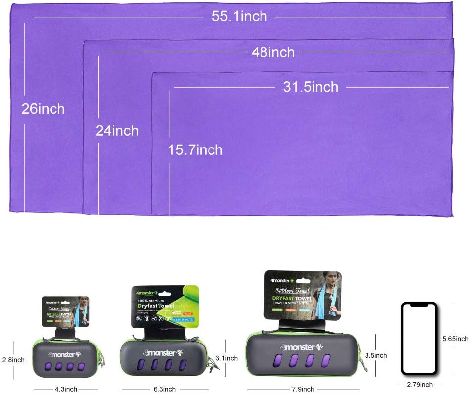 4Monster Microfiber Towel, Travel Towel, Camping Towel,Large Size 26.7 x 55.1¡±, Fast Drying, Soft Light Weight,Suitable for Gym, Beach, Swimming, Backpacking and More: Home & Kitchen