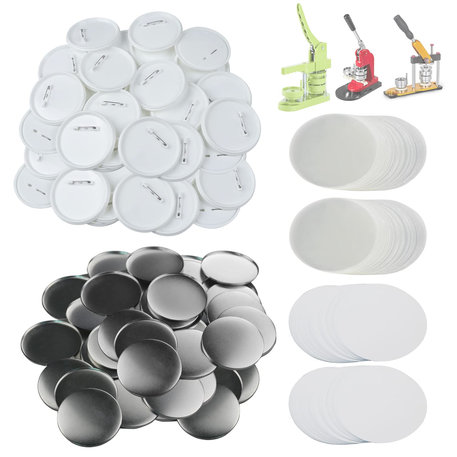 Photo 1 of Happizza 100 Sets 75mm(3 inch) Button Parts for Button Maker Machine 75mm, Round Badge Button Making Supplies Blank Pin Back, Includes Metal Cover, Plastic Button Back Cover, Clear Film&Blank Paper