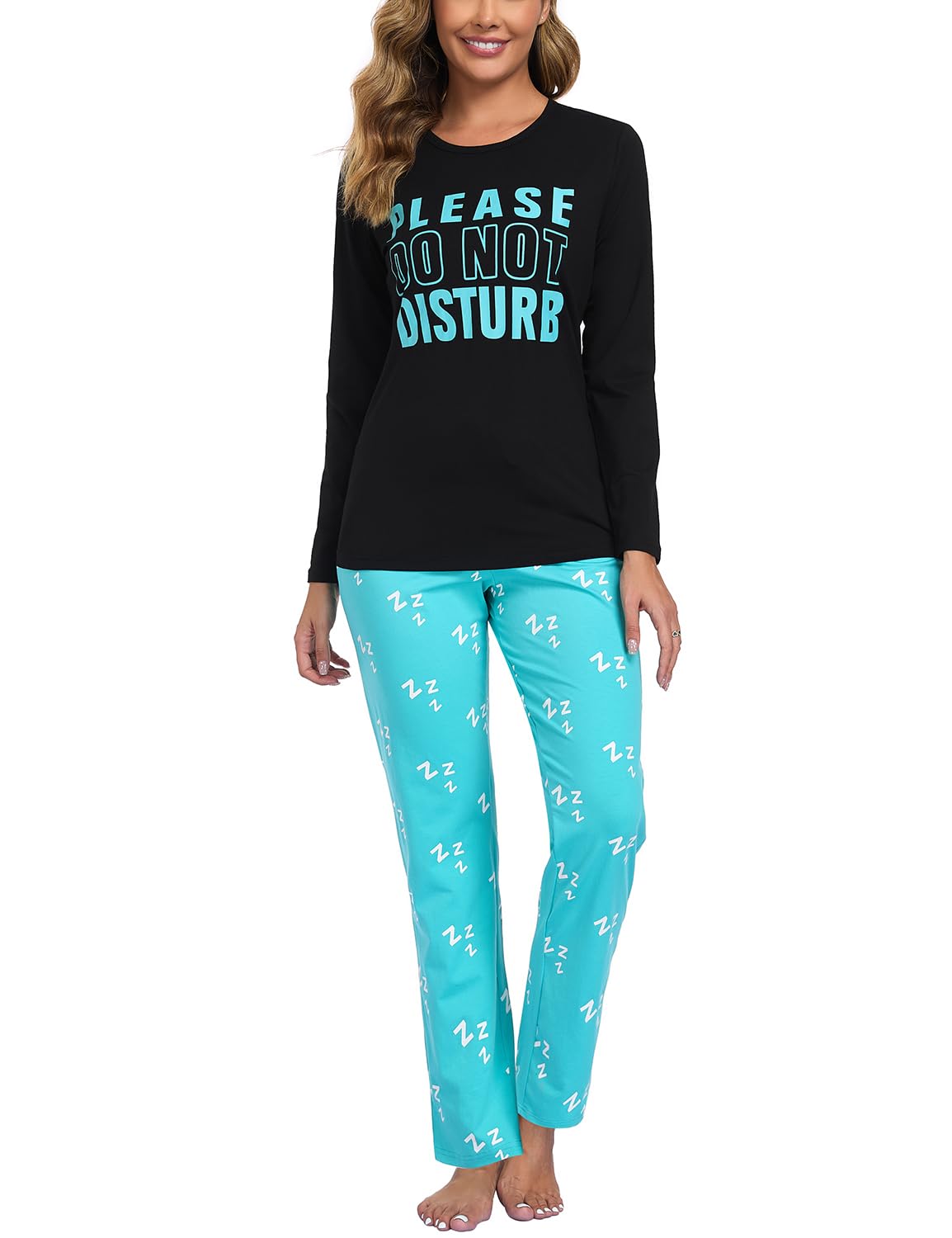 EISHOPEER Women's Cotton Long Sleeve Pajamas Set Print Sleepwear Top and Pants Cute Pjs Lounge Sets Black & Green Large Image