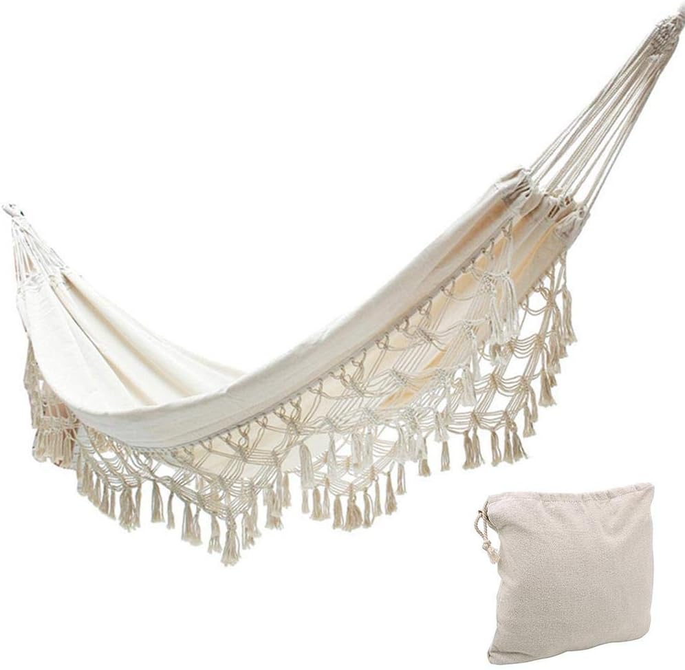 QUUY Double Travel Camping Hammock, Bohemian Tassels Brazilian Hammock Swing Bed with Storage Bag for Backyard,Porch,Outdoor and Indoor Use