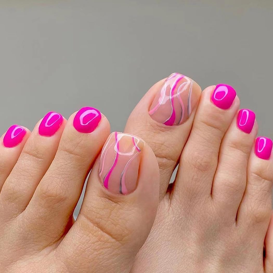 Handcess Square False Toenails Pink Press on Toe Nail Glossy Fake Toenails Full Cover Acrylic Toe Nail Art Tips for Women Girls 24Pcs