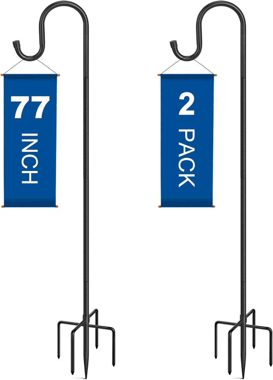 Outdoor Shepherd's Hooks - Bluwing 77 Inches Outdoor Shepherd Hook with 5 Prong Base (2 Packs), Stand Pole for Humming Bird Feeder, Adjustable Freestanding Hanger Base for Flower Planter, Outside Garden Holder for Wind Chime