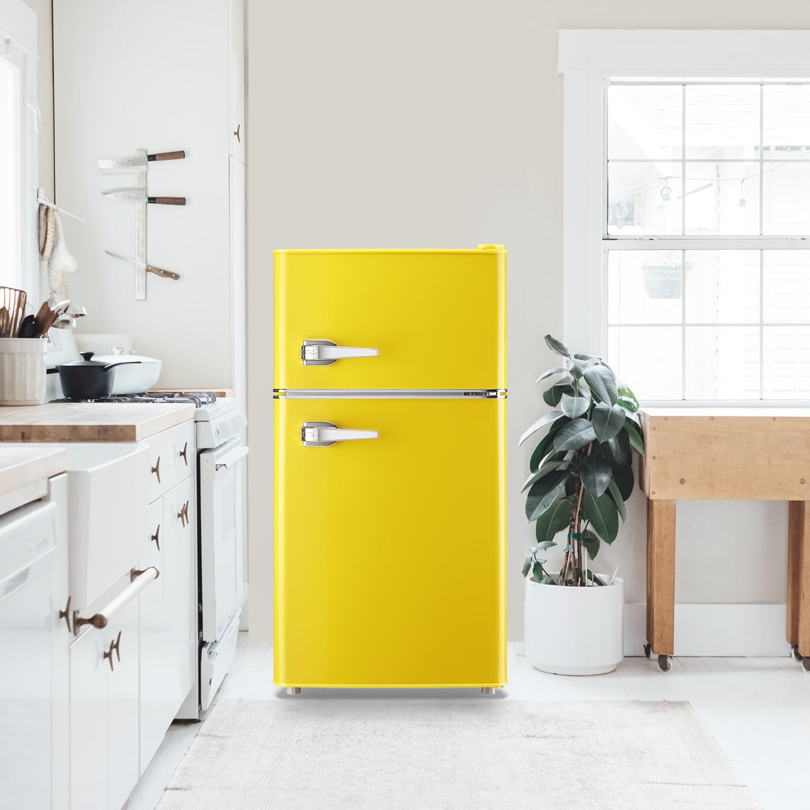 WANAI Compact Mini Refrigerator 3.5 Cu.Ft Small Refrigerator with Freezer, Retro Mini Fridge with Dual Door,7 Adjustable Thermostat, Adjustable Shelves For Dorm, Office Bedroom, Yellow