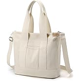 BOAWHNTR Women Large Zipper Canvas Tote Bag with Pockets, Heavy Duty Crossbody Shoulder Handbag for Work, Travel (White)