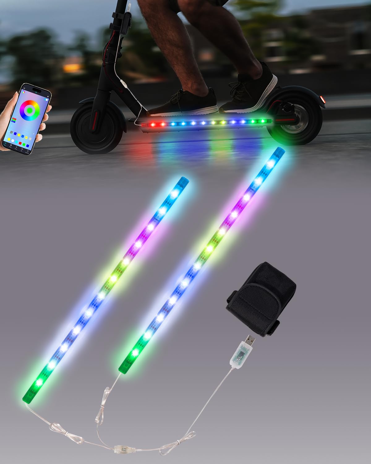 Photo 1 of JUSJUBR Scooter Lights for Night Riding, App Control, LED Light Strips with Battery Box for Electric Scooters, Bikes