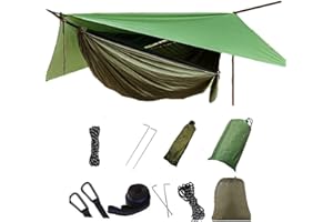 OVYUZHEN Camping Hammock with Rain Fly Tarp and Mosquito Net with Tree Straps，1/2 Person Portable Hammocks with Rain Cover for Indoor Outdoor Backpacking Hiking Travel Yard Activities Green