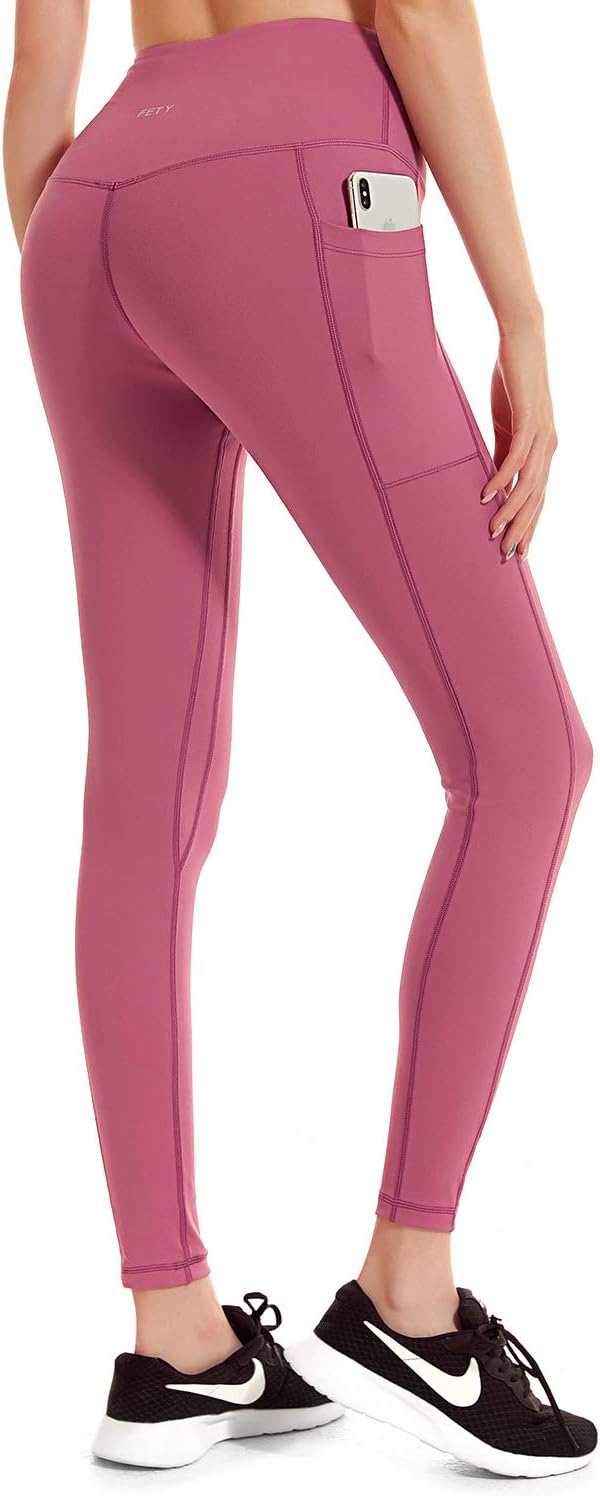 FETY Women's High Waist Leggings Full-Length Yoga Pants with Pockets, Tummy Control Workout 4 Way Stretch Pants for Women
