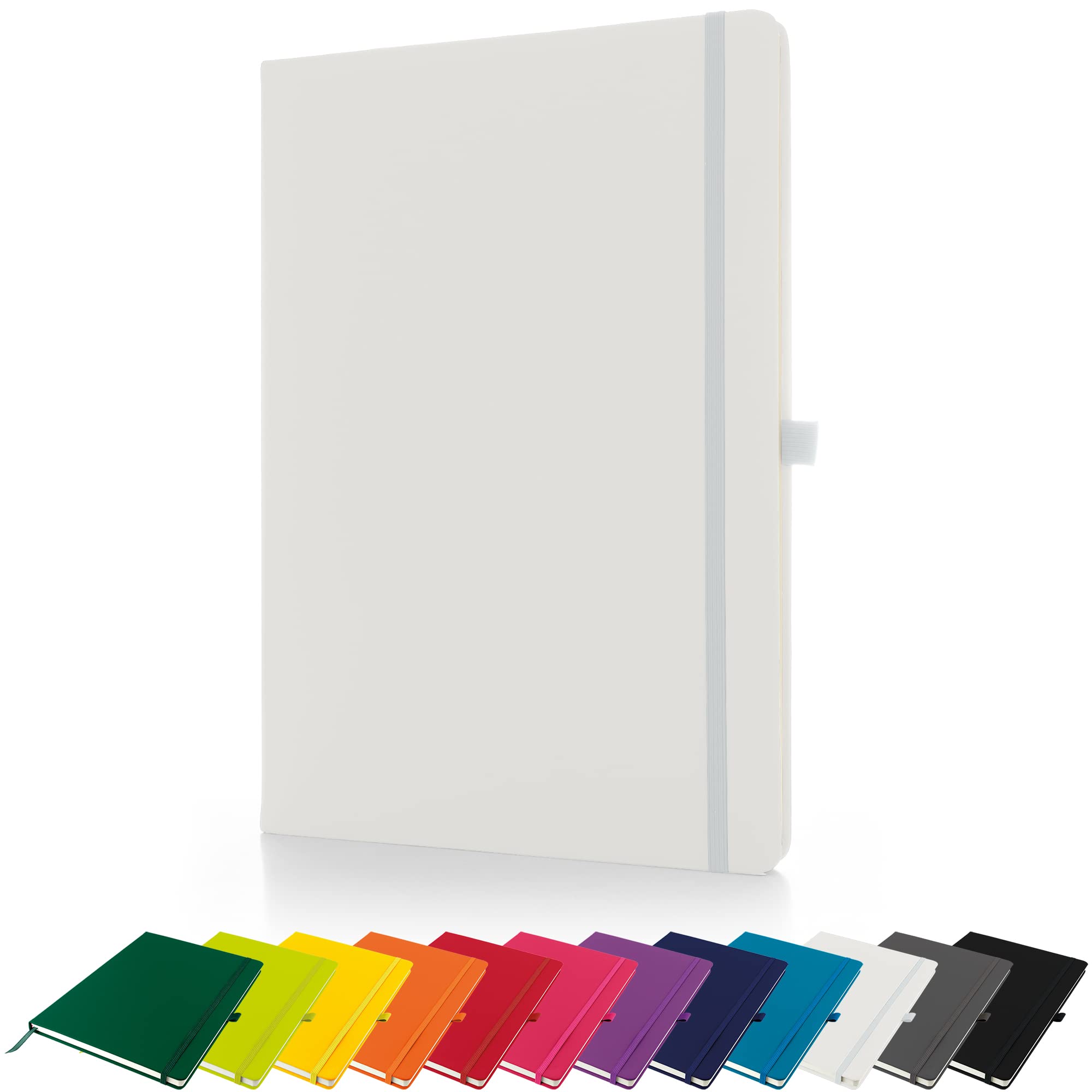 Savvy Bee Premium A4 Notebook New Lined Hardback Journal with pen loop, elastic closure and ribbon marker Notepad Note Book Notes Pad (White)