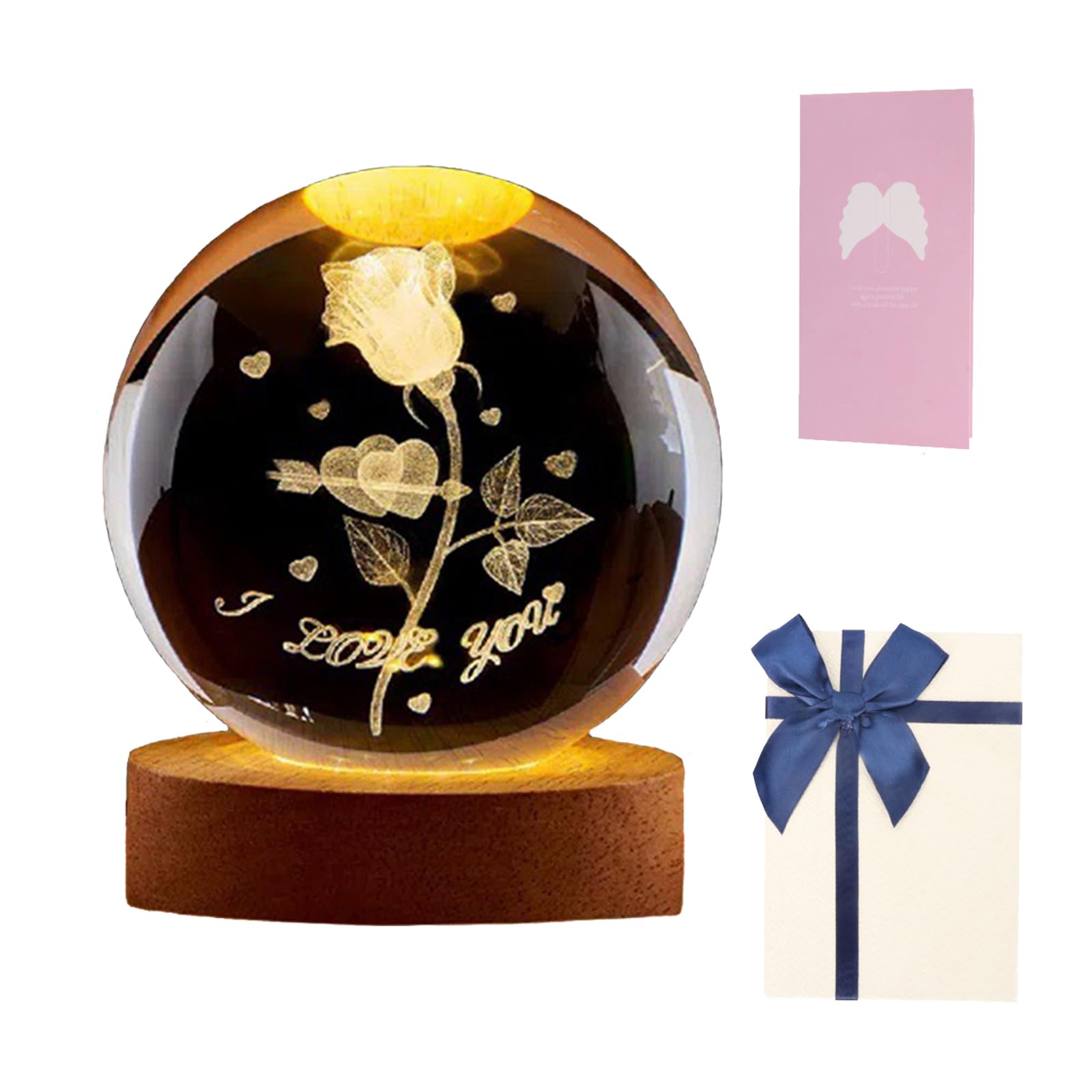 mumisuto 3D Rose Crystal Ball, Crystal Night Lights with Wooden Base, I Love You Gifts for Her, Flower Crystal Lamp, Valentines Gifts for Her