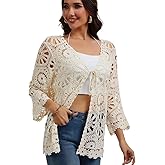 Women Floral Crochet Cardigan Lightweight Tie Front Hollow Out Long Sleeves Cover Lace Sweaters Shrug