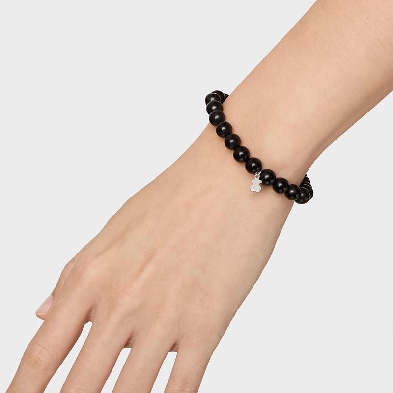 Pulseira elástica preta com motivo de urso em prata esterlina para mulheres, 16,5cm de comprimento, coleção Basics