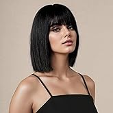 SUKRI Short Black Straight Wig with Bangs Black Wigs for Women Bob Shoulder Length Wigs Heat Resistant Fiber Synthetic Hair Wigs Hair Replacement Natural Looking(12INCH)
