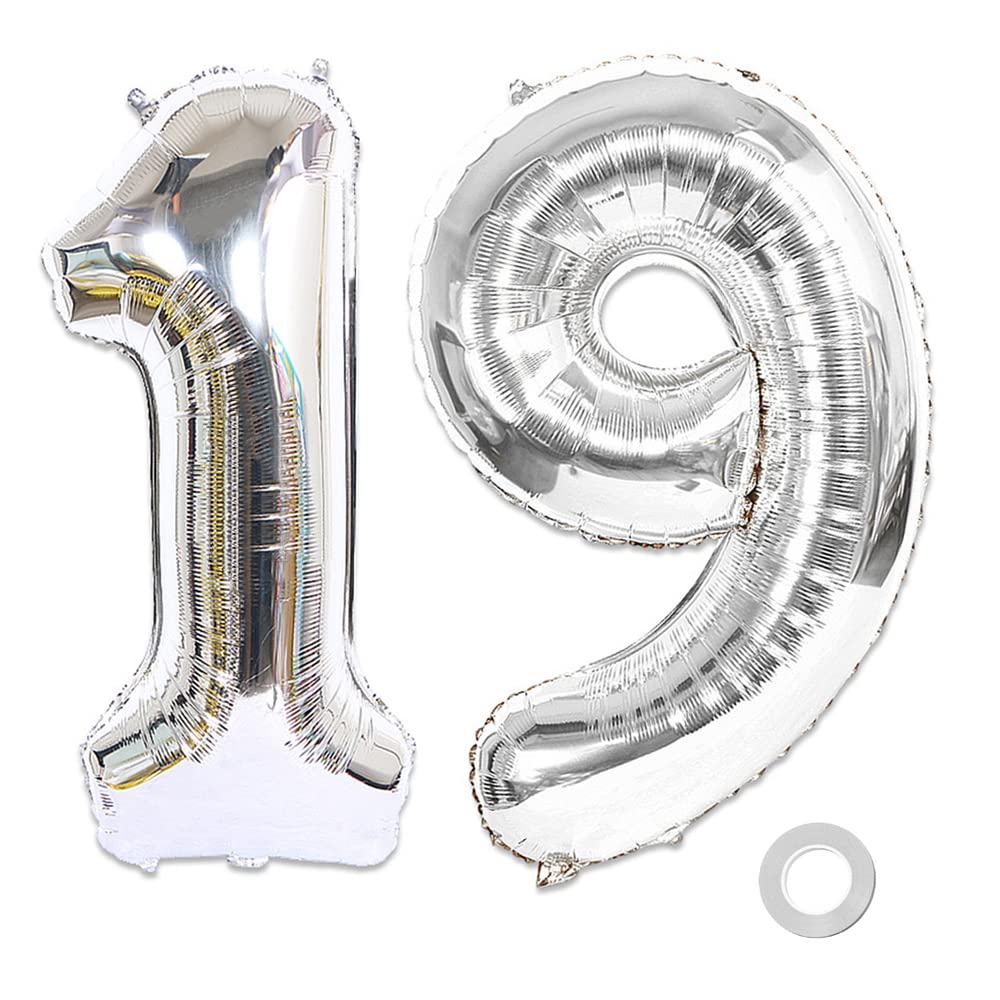 Ceqiny 40 Inches 19th Number Balloon Mylar Balloon Giant Balloon Alphabet Foil Balloon for Birthday Party Wedding Bridal Shower Engagement Photo Shoot Anniversary Decoration, Silver Digit 19 Balloon