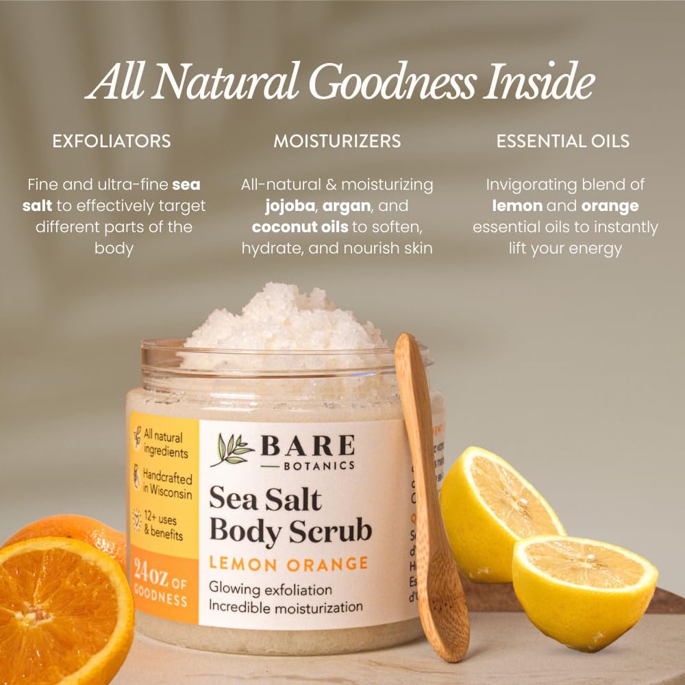 Bare Botanics Lemon Orange Body Scrub 24oz | Made in Madison, WI | All Natural Sea Salt Exfoliator w/ Skin Loving Moisturizers | Vegan & Cruelty Free | Gift Ready Packaging w/ a Cute Wooden Spoon