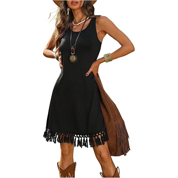 Amazon.com: Verdusa Women's Western Fringe Dress Vintage Deep V Neck Maxi  Cowgirl Dresses Black Small : Clothing, Shoes & Jewelry