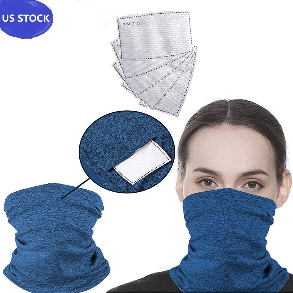 Scarf Bandanas Neck Gaiter with 10PCS PM2.5 Filters, Multi-purpose Unisex Anti-Dust Washable Balaclava Face Cover & Activated Carbon Replaceable Filters Anti-haze Protective, for Outdoors/Sports -Blue