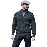 SAOL 100% Merino Wool Men's Zipper Cable Knit Winter Warm Cardigan Sweater with Pockets in Charcoal/Army Green