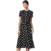 Allegra K Polka Dots Dresses for Women's Crew Neck Short Sleeve Belted Midi Dress